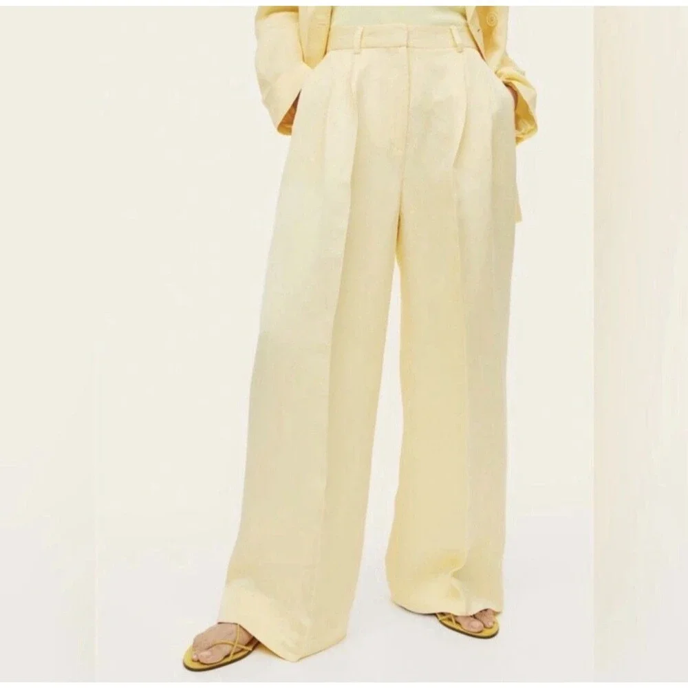 H&M Womens 14 Yellow Linen Blend Wide Leg Pleated Trousers Pants NWT
